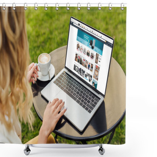Personality  Cropped Image Of Woman Using Laptop With Loaded Amazon Page On Table In Garden Shower Curtains