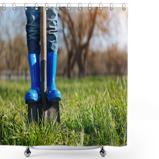 Personality  Close Up Of Childs Feet In Rubber Boots On Shovel Shower Curtains