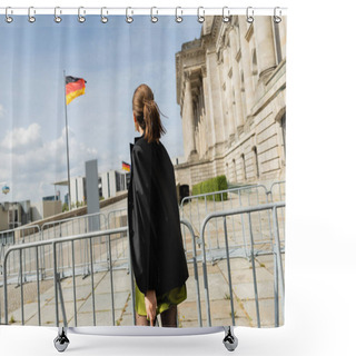 Personality  Back View Of Fair Haired Woman In Jacket And Dress Standing Near Blurred Reichstag Building  Shower Curtains