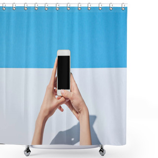 Personality  Cropped View Of Woman Using Smartphone With Blank Screen On White Desk And Blue Background Shower Curtains