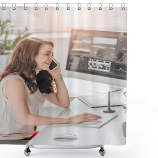 Personality  Side View Of Happy Editor Talking On Smartphone Near Computer Monitor  Shower Curtains