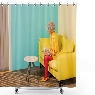 Personality  Woman In Bright Retro Clothing With Golden Fish In Aquarium Resting On Sofa At Colorful Apartment, Doll House Concept Shower Curtains