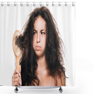 Personality  Stressed Brunette Woman Looking At Wavy Unruly Hair In Comb Isolated On White Shower Curtains