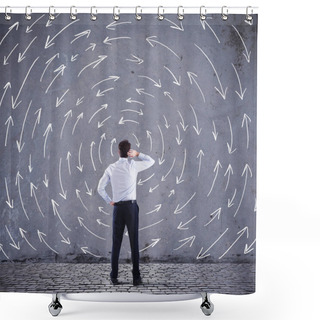 Personality  Confused Businessman Looking At  Wall With Directional Arrows. Concept Of Confusion Shower Curtains