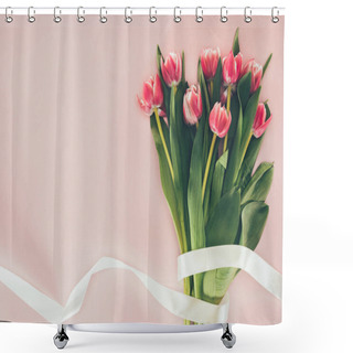 Personality  Bouquet Of Beautiful Pink Tulips With Green Leaves And Ribbon On Pink  Shower Curtains