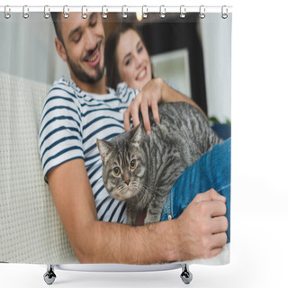 Personality  Happy Young Couple With Adorable Tabby Cat Sitting On Couch Shower Curtains