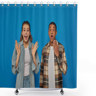Personality  Happy Interracial Couple Screaming From Joy Looking At Camera On Blue Backdrop, Reacting Emotionally Shower Curtains