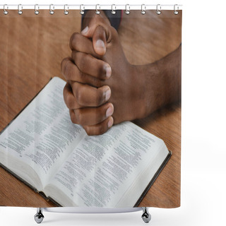 Personality  Cropped Shot Of African American Man Praying With Holy Bible On Wooden Table Shower Curtains