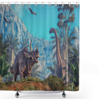 Personality  Dinosaurs On The Valley. This Is A 3d Render Illustration Shower Curtains