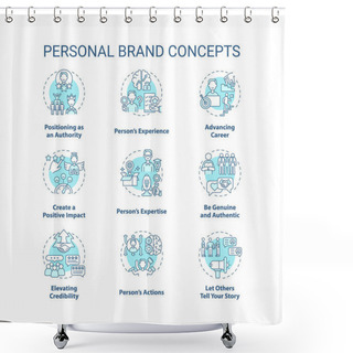 Personality  Personal Brand Blue Concept Icons Set. Advancing Career. Positive Impact. Skills Improvement. Self Promotion Idea Thin Line RGB Color Illustrations. Vector Isolated Outline Drawings. Editable Stroke Shower Curtains