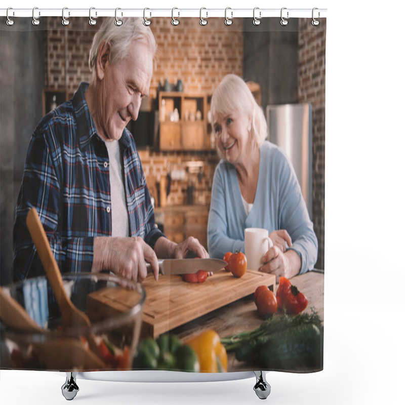 Personality  Senior Couple In Kitchen Shower Curtains