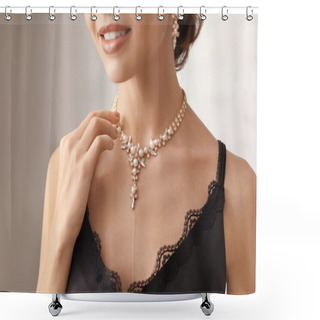 Personality  Beautiful Young Woman With Elegant Jewelry On Grey Background, Closeup Shower Curtains