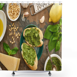 Personality  Top View Of Baguette Slices With Pesto Sauce On Plate Near Fresh Ingredients And Cooking Utensils On Stone Surface Shower Curtains