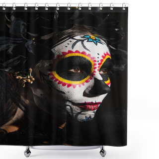 Personality  Close Up Portrait Of Woman With Spooky Santa Muerte Makeup Isolated On Black Shower Curtains