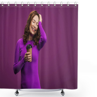 Personality  Laughing Girl Touching Head While Holding Coffee To Go On Purple Background Shower Curtains