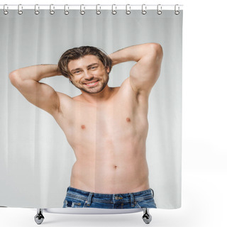 Personality  Portrait Of Smiling Shirtless Man In Jeans Looking At Camera On Grey Backdrop Shower Curtains