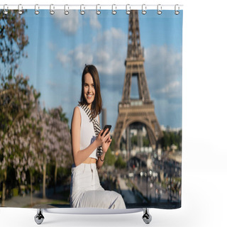 Personality  Happy Young Woman In Stylish Outfit Using Smartphone While Sitting Near Eiffel Tower In Paris  Shower Curtains