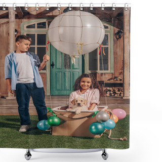 Personality  Girl With Puppy In Air Balloon Box Shower Curtains