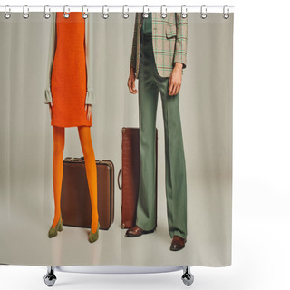 Personality  Cropped View Of Retro Travelers In Orange Dress And Plaid Blazer Near Vintage Suitcases On Grey Shower Curtains