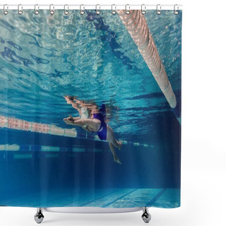 Personality  Underwater Picture Of Female Swimmer In Swimming Suit And Goggles Training In Swimming Pool Shower Curtains
