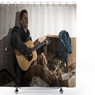 Personality  Homeless Man Playing Guitar And Singing While Sitting Un Rubbish Dump Shower Curtains