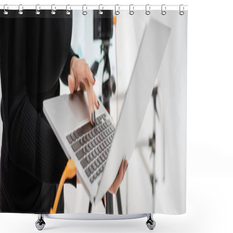 Personality  Partial View Of African American Content Producer Using Laptop In Blurred Photo Studio, Banner Shower Curtains