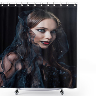 Personality  Smiling Scary Vampire Girl In Black Gothic Dress And Veil Isolated On Black Shower Curtains