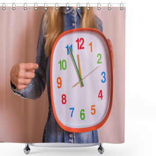 Personality  Woman Pointing At Clock While Standing In Front Of Wall. Shower Curtains