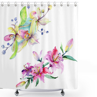 Personality  Pink And Purple Orchids. Watercolor Background Illustration Set. Watercolour Flower Bouquet Illustration Element. Shower Curtains