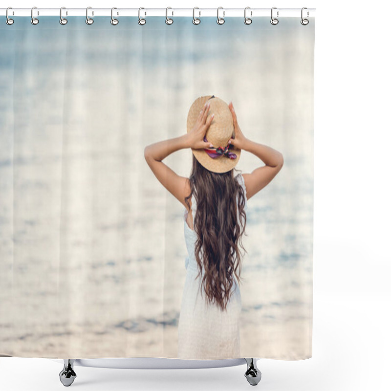 Personality  back view of girl in straw hat looking at sea shower curtains