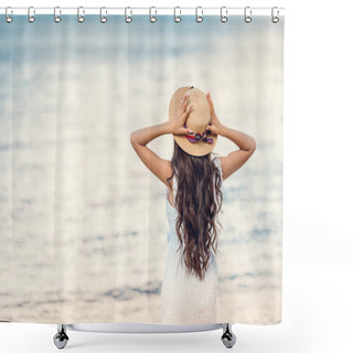 Personality  Back View Of Girl In Straw Hat Looking At Sea Shower Curtains