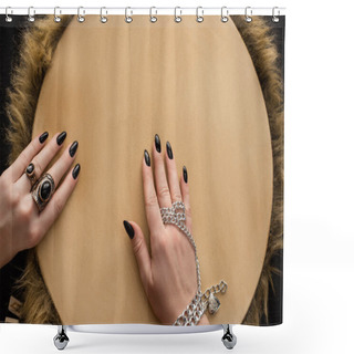 Personality  Top View Of Shaman With Jewelry Accessories On Hands Playing On Tambourine Isolated On Black Shower Curtains