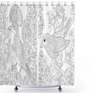 Personality  Adult Coloring Pages. Beautiful Birds In The Spring Garden. Line Art Design For Antistress Colouring Book In Zentangle Style. Vector Illustration.  Shower Curtains