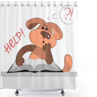 Personality  Vector Illustration On A White Background, Square. The Dog At The Table With A Very Thick Book. Freelance, Distance Learning, Remote Work, Loneliness, Difficulties, Help Shower Curtains