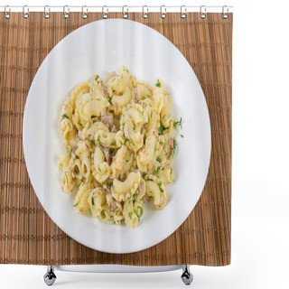 Personality  Prepared Short Curved Ruffled Pasta, So-called Creste Di Galli Or Rooster Comb, Mixed With Stuffing Of Boiled Chopped Pork And Fried Onion On A White Dish On A Bamboo Table Mat Shower Curtains
