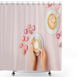 Personality  Female Hands  Holding Cup Of Coffee On Pale Pink Background.   Flat Lay, Top View Shower Curtains