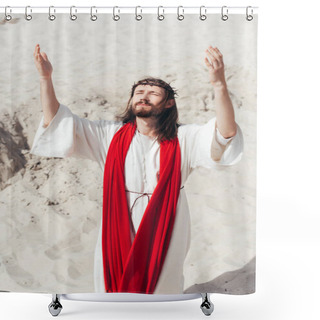 Personality  Jesus In Robe, Red Sash And Crown Of Thorns Standing With Raised Hands And Praying In Desert Shower Curtains