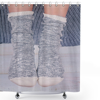 Personality  Close Up Of Woman Feet  Wearing Cozy Warm Wool Socks. Warmth Concept. Winter Clothes Shower Curtains