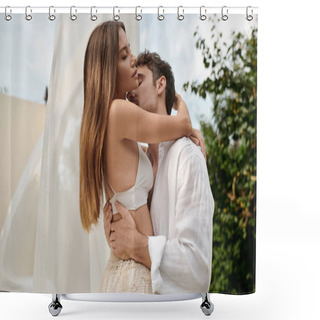 Personality  Passionate Couple, Man Seducing Sexy Woman While Standing Near White Tulle Of Pavilion On Beach Shower Curtains