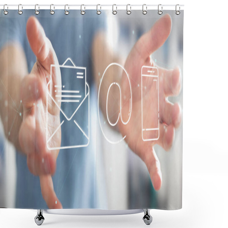Personality  Businessman on blurred background using thin line contact icon shower curtains