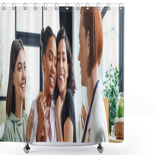 Personality  Excited Multicultural Women Hugging Multiracial Girlfriend Near Pleased Motivation Coach During Psychology Session In Consulting Room, Female Unity And Support Concept, Banner Shower Curtains