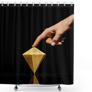Personality  Cropped Shot Of Hand Touching Faceted Piece Of Gold On Black Shower Curtains