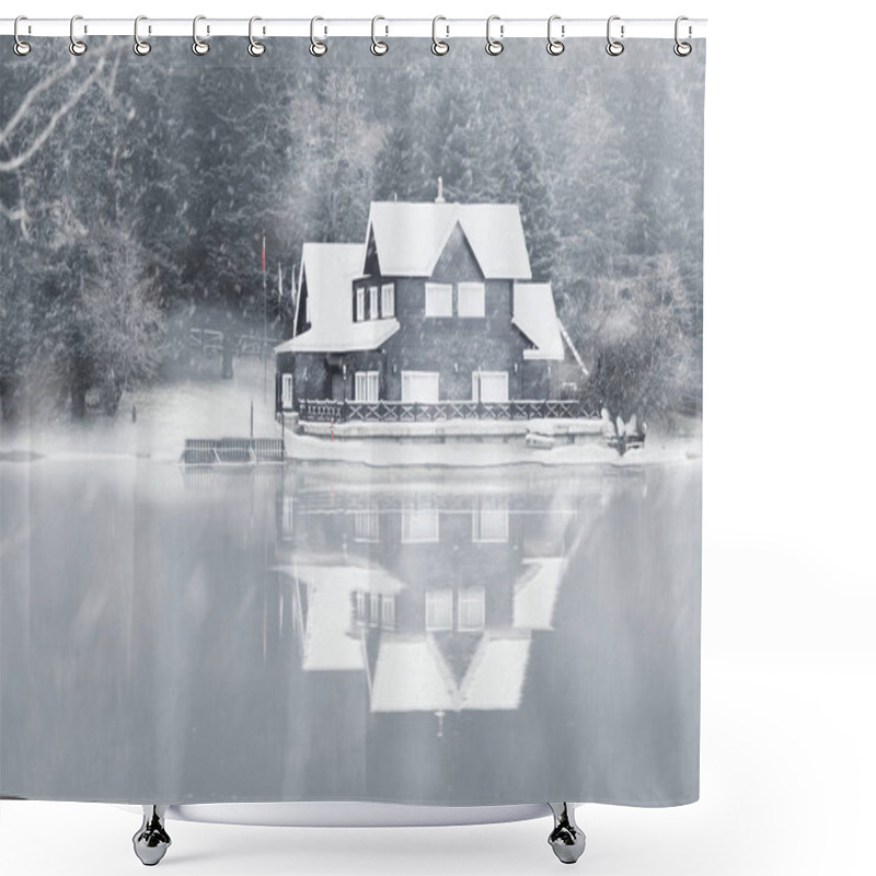 Personality  Bolu, Turkey - February 24, 2018: Lake House In Bolu Abant Lake With A Snow In Winter Season. Shower Curtains