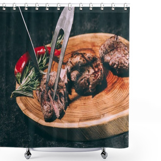 Personality  Close-up View Of Meat Fork And Knife, Delicious Grilled Steaks With Rosemary And Chili Pepper On Wooden Board Shower Curtains