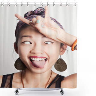 Personality  Asian Girl Showing A Goat Shower Curtains