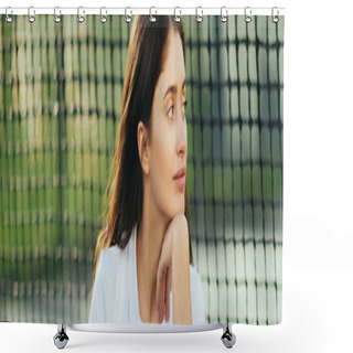 Personality  Female Player Sitting On Tennis Court, Pensive Young Woman With Brunette Long Hair Sitting In White Outfit Near Tennis Net, Blurred Background, Miami, Looking Away, Banner  Shower Curtains