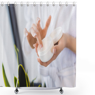 Personality  Partial View Of Woman Holding Face Cream In Hands Shower Curtains