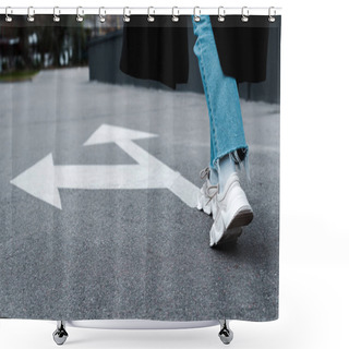 Personality  Cropped View Of Woman In Jeans Walking Near Directional Arrows On Asphalt  Shower Curtains