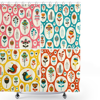 Personality  Set Of Seamless Patterns With Flowers And Birds In Snowballs. Shower Curtains