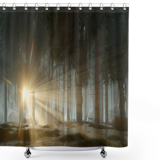 Personality  Scenic Sunset On A Mysterious Forest Swamp With Last Sun Rays Shining Through Creepy Dead Tree Silhouettes At Dark Misty Dusk Or Night. Fantasy 3D Illustration From My Own 3D Rendering File. Shower Curtains